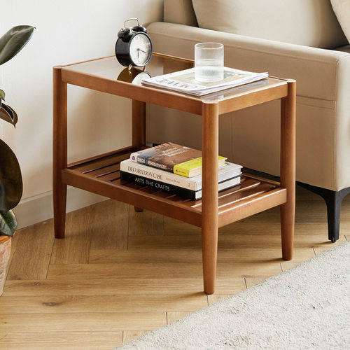 实木沙发边几茶色玻璃