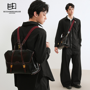 皮质大容量通勤电脑包 双肩包背包男款 是自由啊 复古真皮背包男士