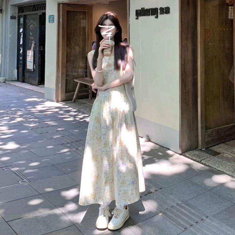海边度假无袖碎花洋装子