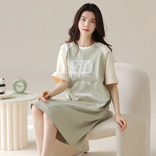 睡裙女夏季纯棉短袖棉韩版小清新家居服睡衣女款可外穿中长款