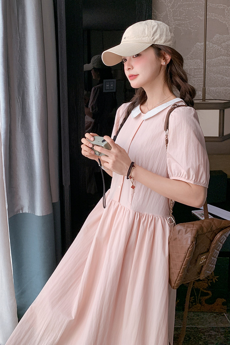 浅粉色减龄少女感翻领连衣裙女2025夏季法式温柔风甜美显瘦A字裙,女装连衣裙,浙宝102（原188）