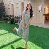蓝色度假风泡泡袖连衣裙女2025夏新款法式今年流行收腰显瘦a字裙，女装连衣裙，浙宝102（原188）