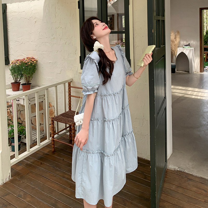 雾霾蓝连衣裙女小个子2024夏季新款法式甜美系带木耳边a字娃娃裙,女装连衣裙,浙宝102（原188）