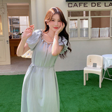 蓝色度假风泡泡袖连衣裙女2025夏新款法式今年流行收腰显瘦a字裙，女装连衣裙，浙宝102（原188）
