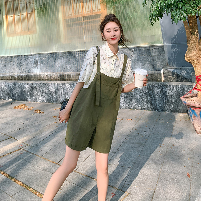森系小清新绿色别致背带裤女2025夏季新款学院风休闲工装阔腿短裤,女装连体裤,浙宝102（原188）