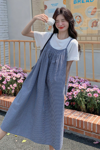 韩版减龄条纹吊带连衣裙T恤套装女2025年夏季新款韩系温柔两件套图片
