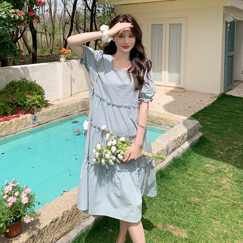 雾霾蓝连衣裙女小个子2024夏季新款法式甜美系带木耳边a字娃娃裙,女装连衣裙,浙宝102（原188）