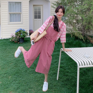 甜酷风美宽松休闲少女活力减龄裤子女2025夏季新款粉色工装背带裤图片