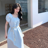 2025夏季新款韩版温柔甜美气质收腰显瘦泡泡袖中长款连衣裙女，女装连衣裙，浙宝102（原188）