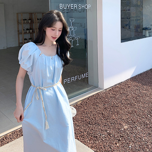 2025夏季新款韩版温柔甜美气质收腰显瘦泡泡袖中长款连衣裙女图片