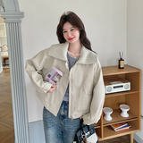 【现货】春季新款米色PU皮针织大翻领外套ZB102-961款-P160-K258，女装皮衣，浙宝102（原188）