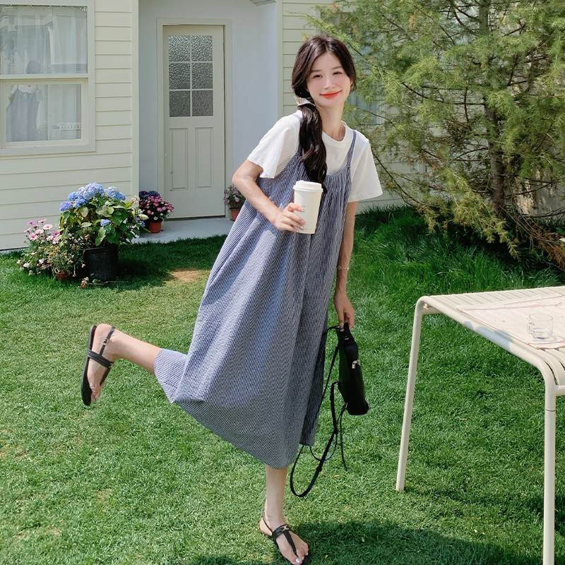 韩版减龄条纹吊带连衣裙T恤套装女2025年夏季新款韩系温柔两件套,女装连衣裙,浙宝102（原188）