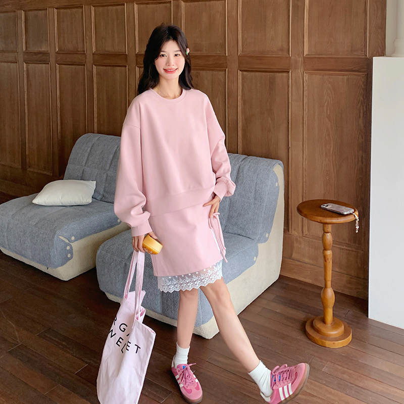 盐甜系穿搭减龄粉色休闲卫衣女早春新款小个子蕾丝短裙,女装套装/套裙,浙宝102（原188）