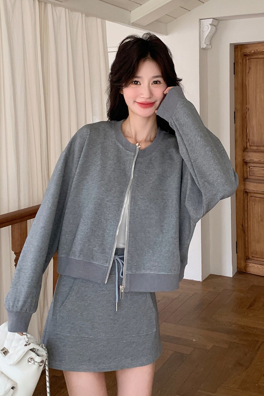 灰色时尚运动套装女2025新款春季韩版宽松卫衣半身短裙休闲两件套,女装套装/套裙,浙宝102（原188）