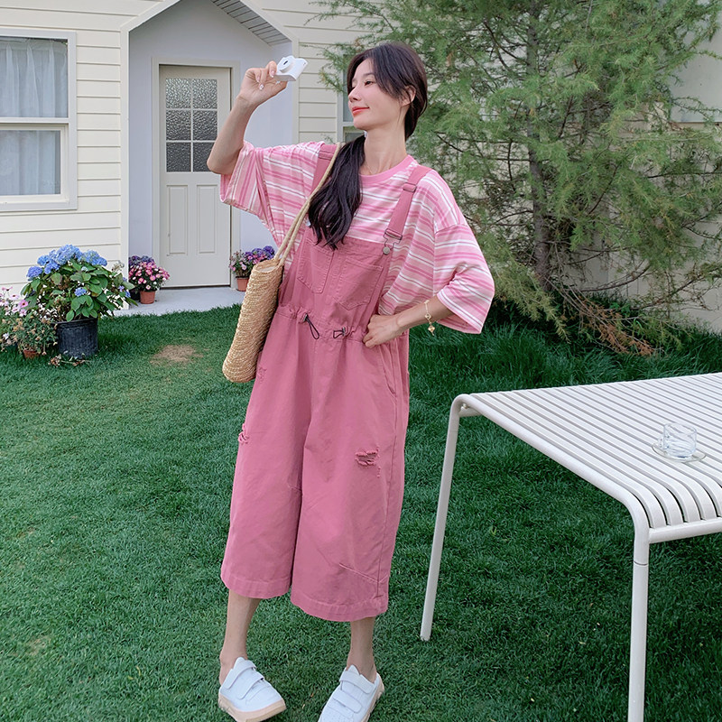 甜酷风美宽松休闲少女活力减龄裤子女2025夏季新款粉色工装背带裤,女装连体裤,浙宝102（原188）