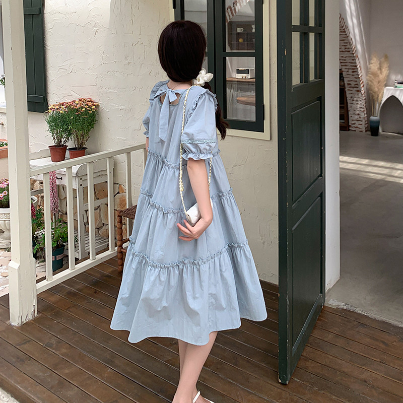 雾霾蓝连衣裙女小个子2024夏季新款法式甜美系带木耳边a字娃娃裙,女装连衣裙,浙宝102（原188）