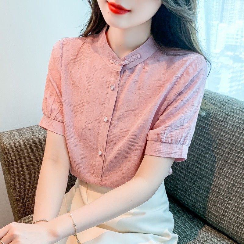 夏季2025年新款女装时尚减龄提花纯棉衬衫女洋气全棉立领上衣