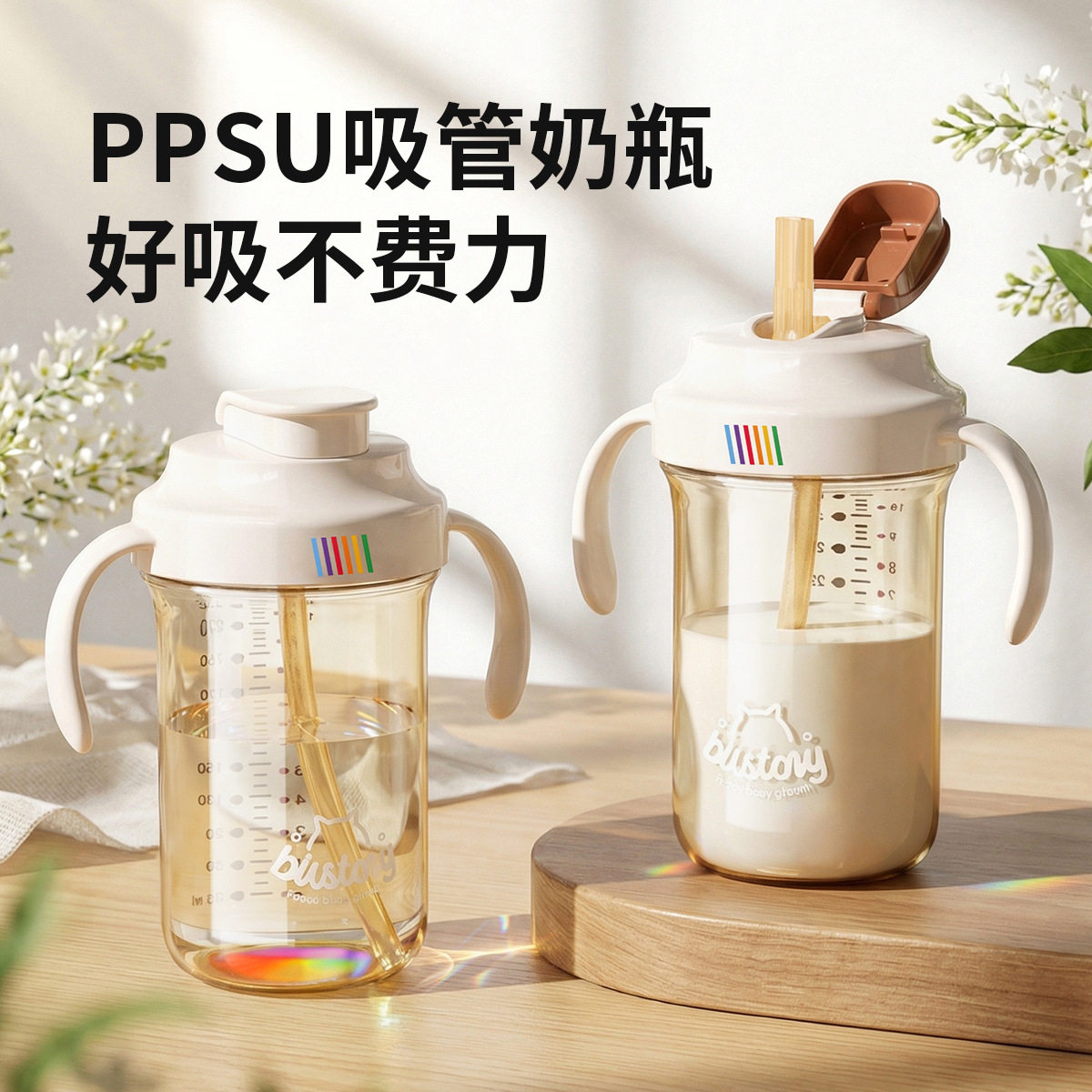 宝宝直饮吸管杯PPSU喝水杯1岁以上学饮杯带手柄刻度儿童喝水奶瓶