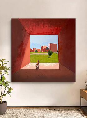 侘寂风景高清喷绘画小众艺术餐厅挂画卧室小狗简约氛围客厅装饰画