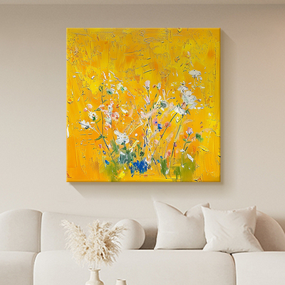 北欧艺术高级感大气玄关装饰画黄色肌理抽象花卉客厅餐厅挂画