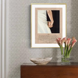 简约风爱情誓言牵手卧室装 饰画轻奢情侣小众艺术玄关样板房竖挂画