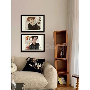 席勒自画像轻法式 饰画复古艺术卧室挂画抽象餐厅壁画 中古风客厅装