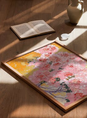 丹麦设计手绘粉红花卉艺术装饰画复古油画玄关挂画客厅卧室摆画