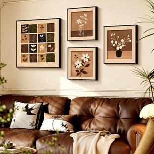 法式 饰画中古风沙发背景墙挂画小众高级感组合壁画 复古花卉客厅装