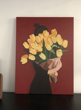 抱一大束黄色郁金香的女孩 清新美好治愈小众油画装饰画