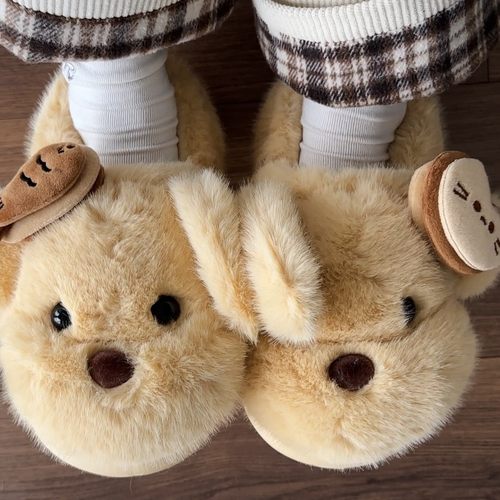 2025秋冬新款可爱立体软萌小狗毛毛拖鞋厚底百搭包头棉拖鞋女外穿