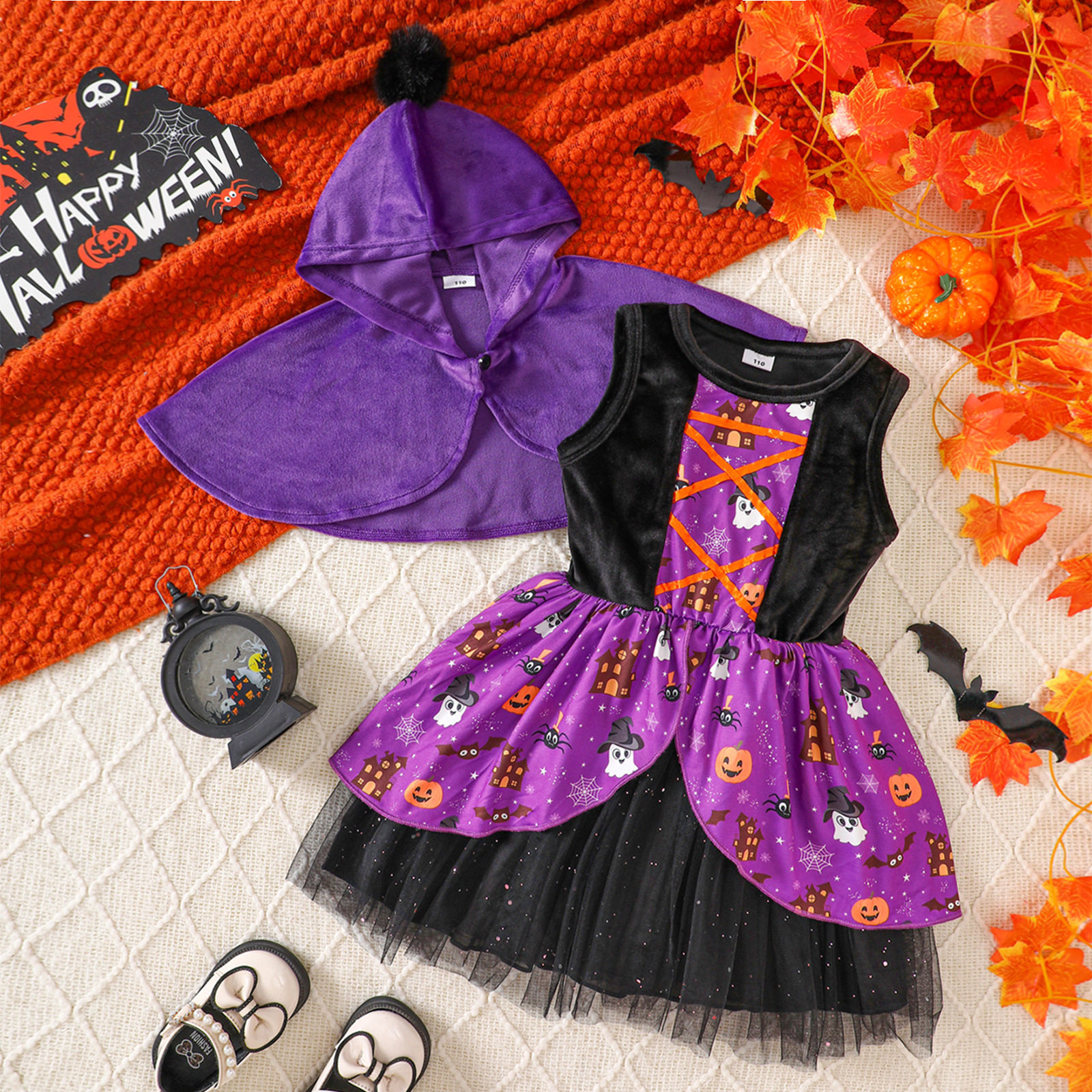 万圣节童装节日款中小女童卡通印花网纱裙连帽斗篷裙子HALLOWEEN