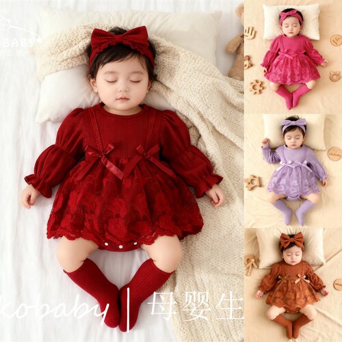 KIKOBABY婴幼儿女宝宝华夫格泡泡袖袖酒红网纱哈衣裙脚套外贸童装