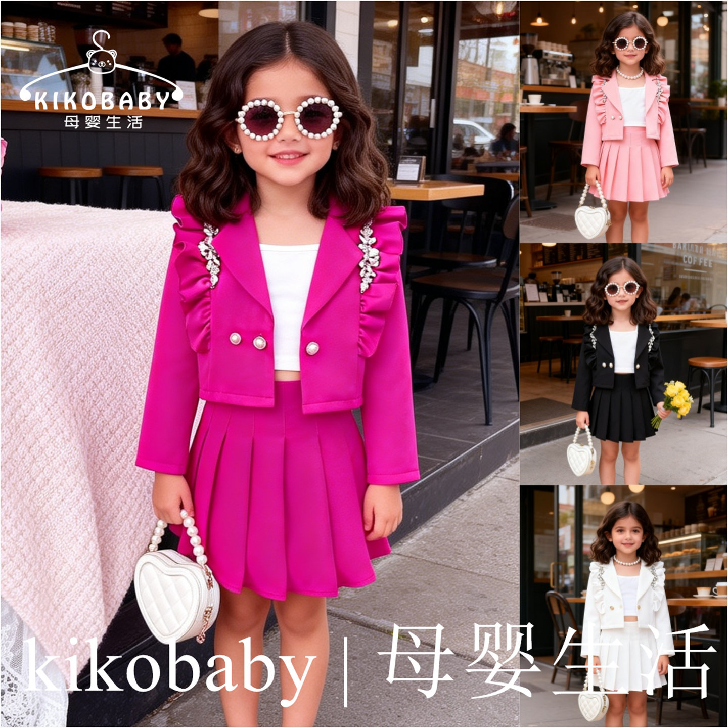 Kids Fashion欧美小香风女童钻石西装外套吊带背心百褶裙套装外贸