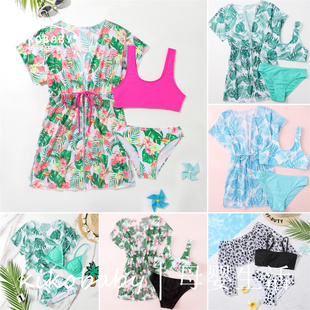 Bikini女童儿童分体罩衣泳装 树叶比基尼 三件套泳衣儿童大童外贸