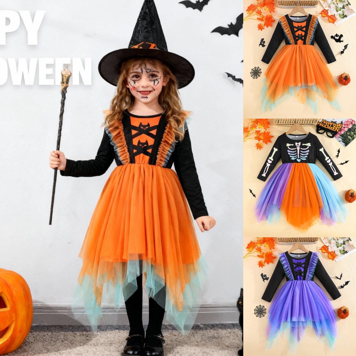 外贸童装万圣节网纱不规则下摆吊角蝙蝠印花女童连衣裙Halloween