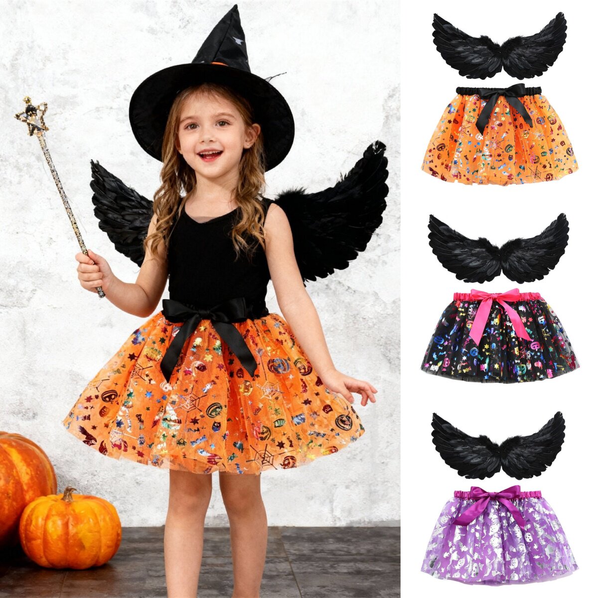万圣节服装网纱万圣节女童tutu裙黑色羽毛翅膀网纱半身裙Hallween