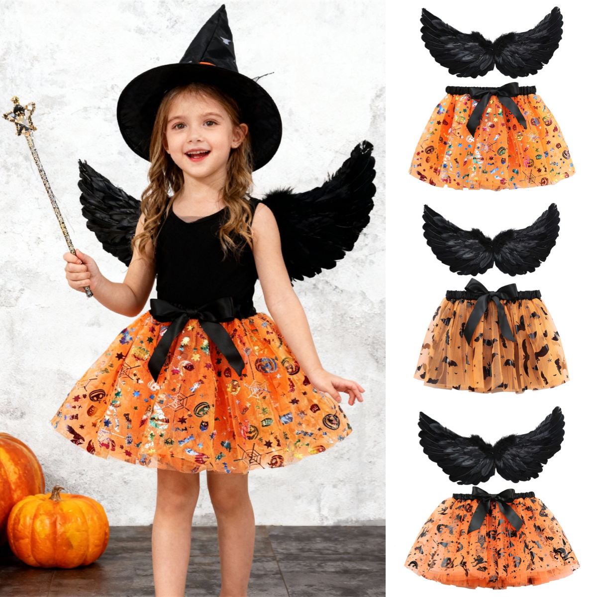 万圣节服网纱万圣节女童tutu裙黑色羽毛天使翅膀半身裙Halloween