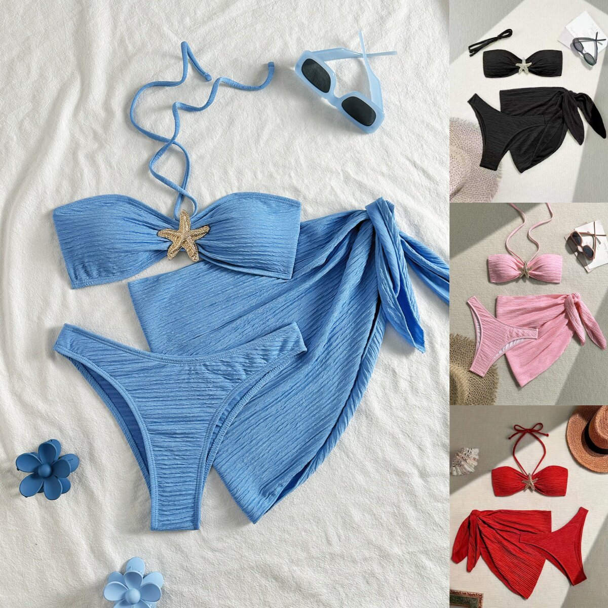 跨境外贸分体泳衣女士性感抹胸海星时尚比基尼泳衣纱裙套装BIKINI