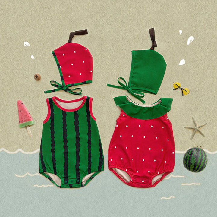 KIKOBABY婴儿连体衣ins可爱西瓜草莓夏游泳衣韩版宝宝包屁衣套装