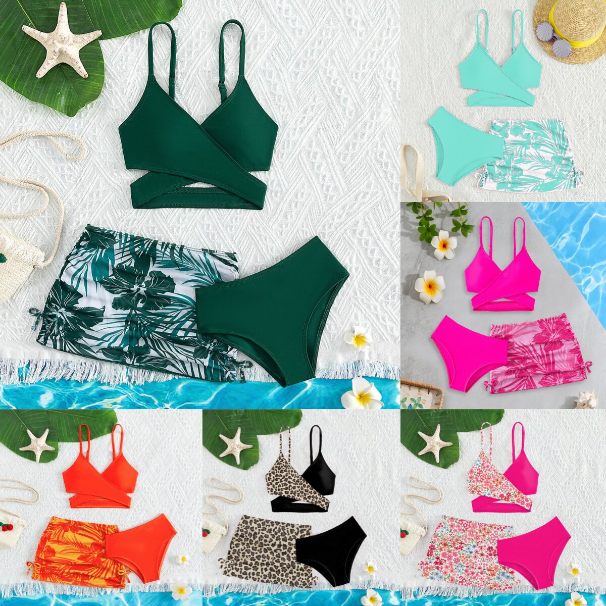 KIDS BIKINI欧美女童泳衣树叶印花中大童温泉比基尼外贸泳装纱裙