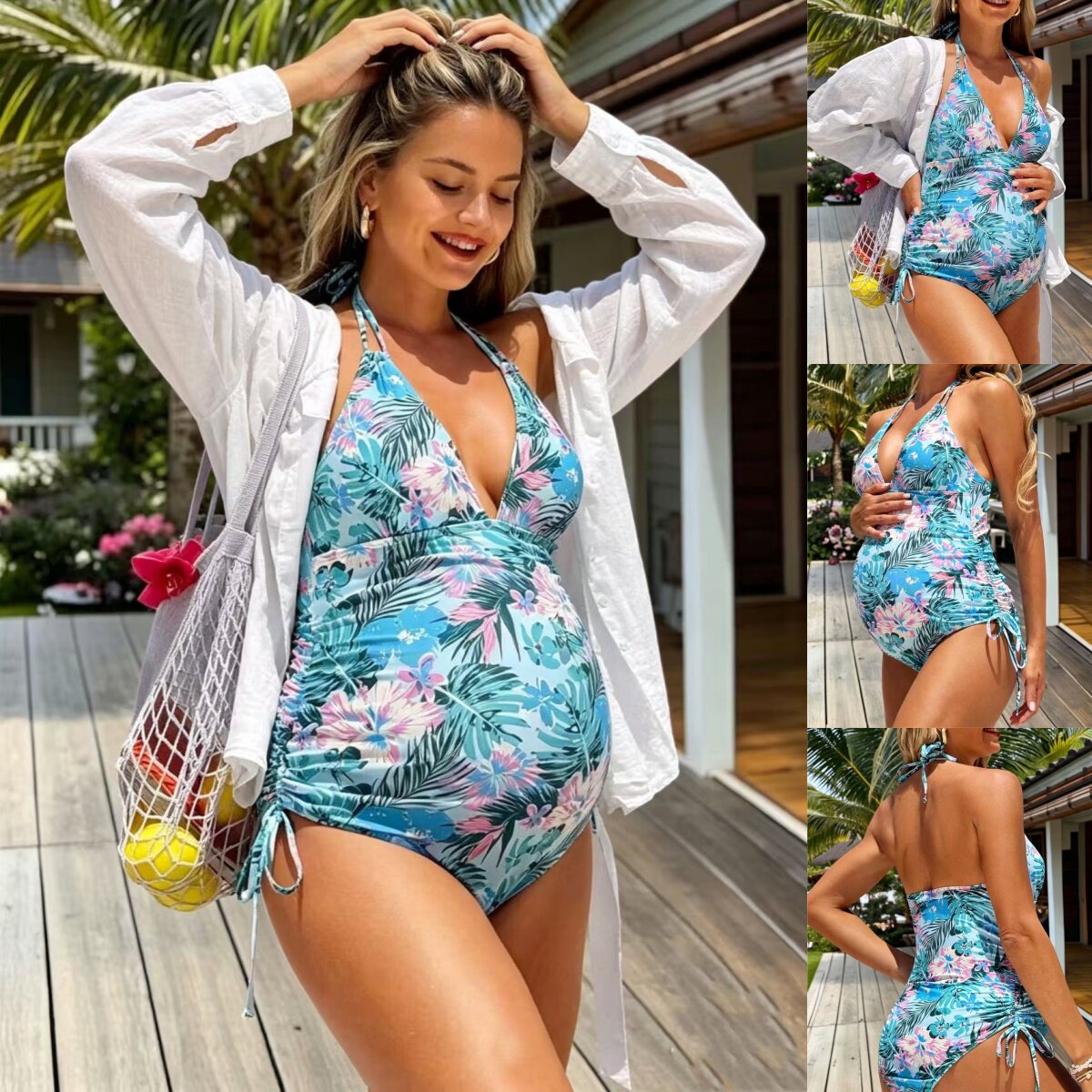 连体孕妇泳衣蓝色花朵欧美跨境印花深v领大胸显瘦亚马逊Swimwear