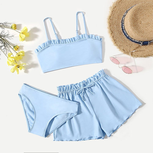 KIDS SWIMSUIT新款儿童纯色荷叶边分体泳衣夏季大女童泳装三件套