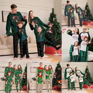 欧美亚马逊亲子圣诞套装 家居服睡衣 独立站外贸节日圣诞树绿色长袖
