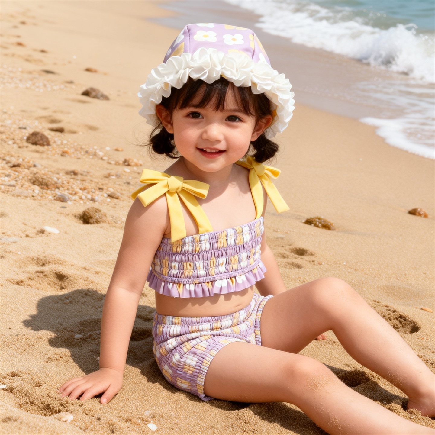 Baby Swimsuit女童宝宝花朵连体泳衣新生儿比基尼分体泳衣泳帽ins