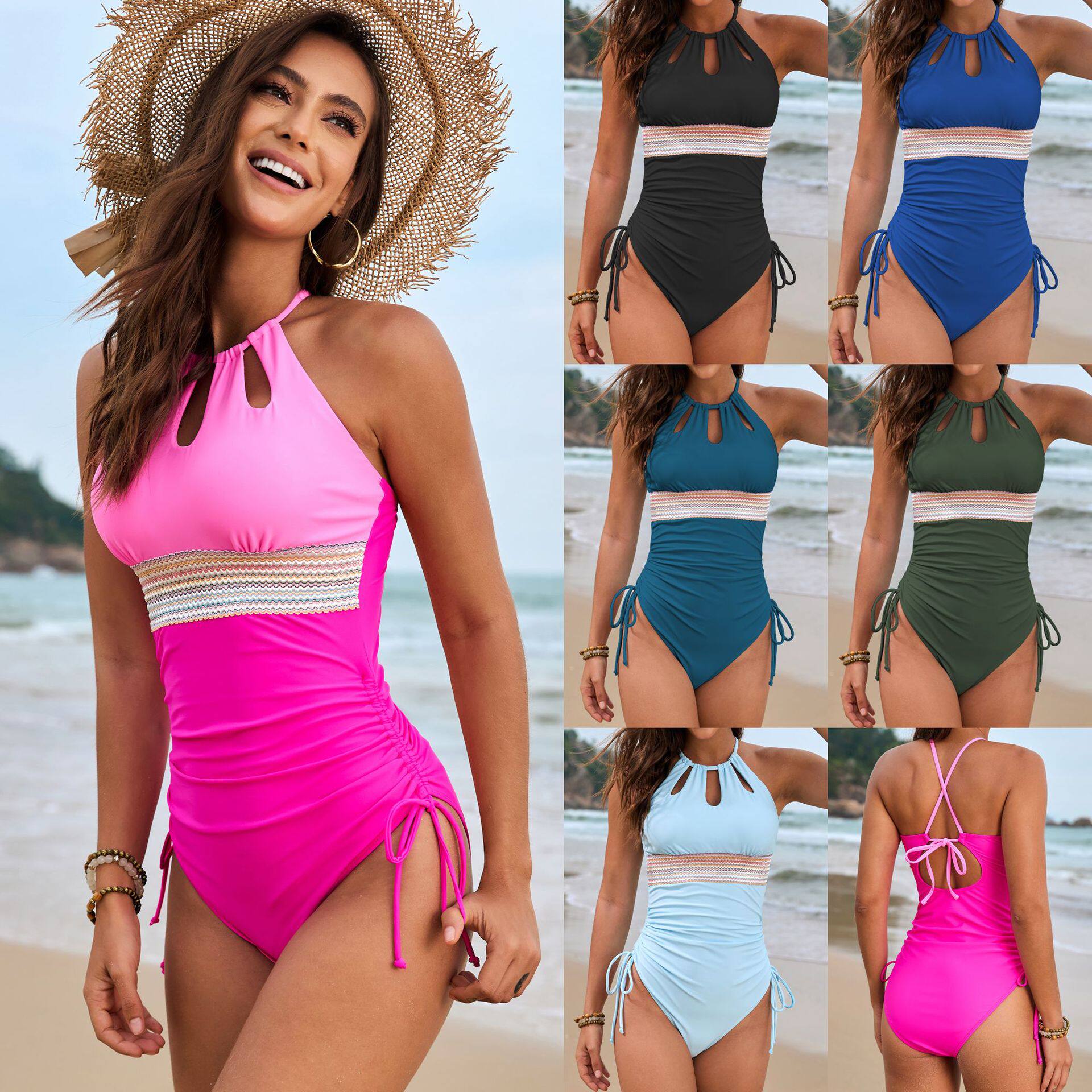 KIKOBABY纯色女士拼接连体泳衣外贸腰带亚马逊高级感一体式泳衣