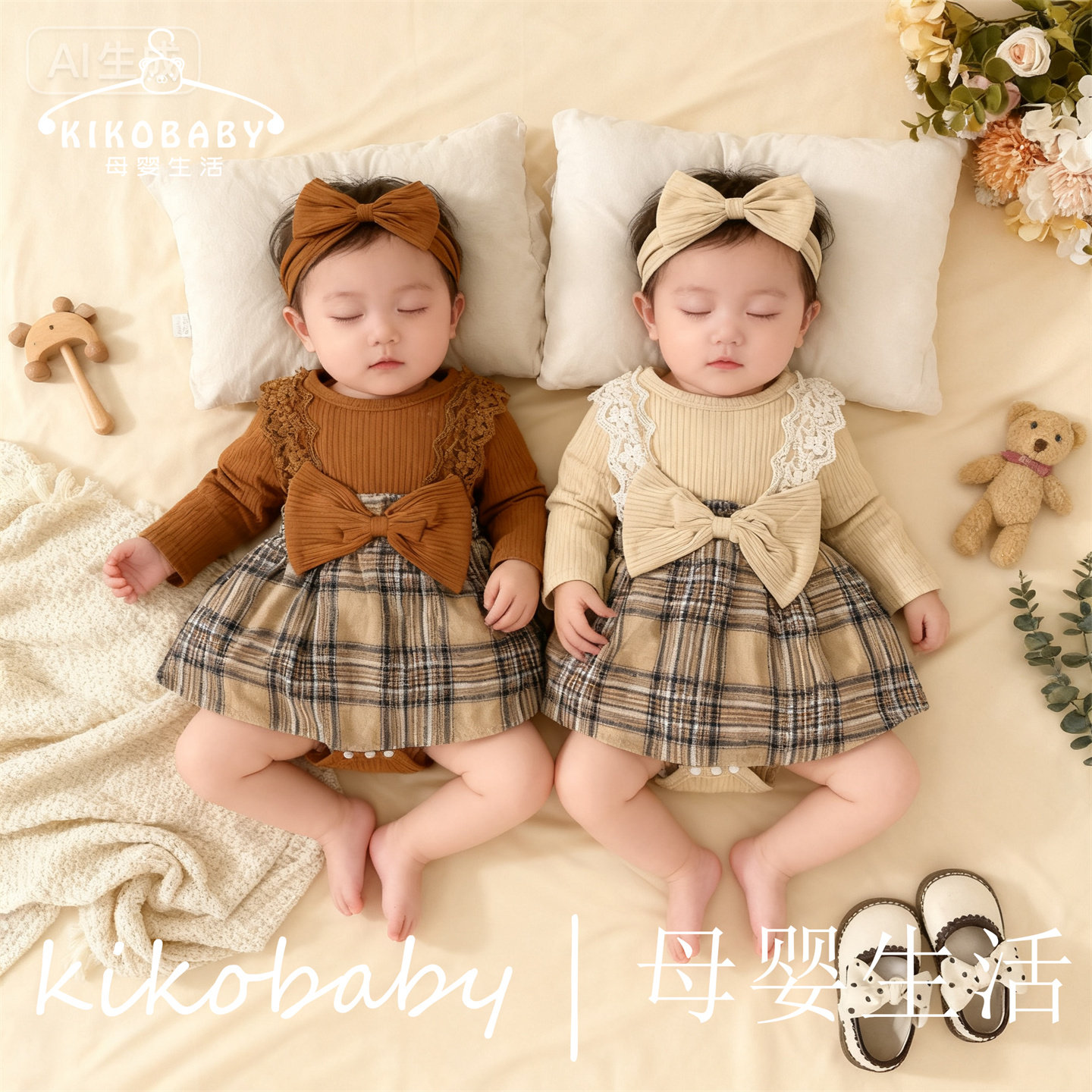 BABY GIRL女婴蕾丝花边长袖连身裙0-1岁女孩坑条蝴蝶结花朵裙发带