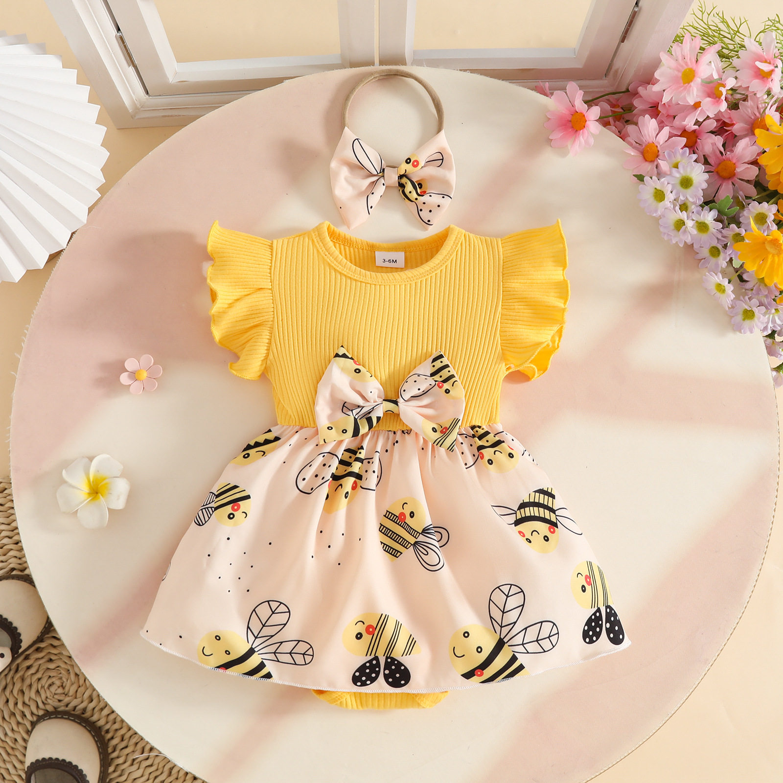 KIKOBABY婴幼儿服装跨境夏季宝宝飞袖蜜蜂哈衣裙蝴蝶结印花包屁裙