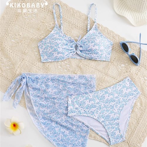 Kids Swimsuit中大童碎花分体儿童泳衣女亚马逊三件套bikini泳装