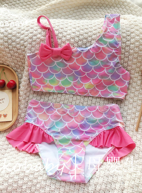 SWIMWEAR女童泳装婴儿夏季斜肩泳装两件美人鱼鱼鳞印花泳衣比基尼
