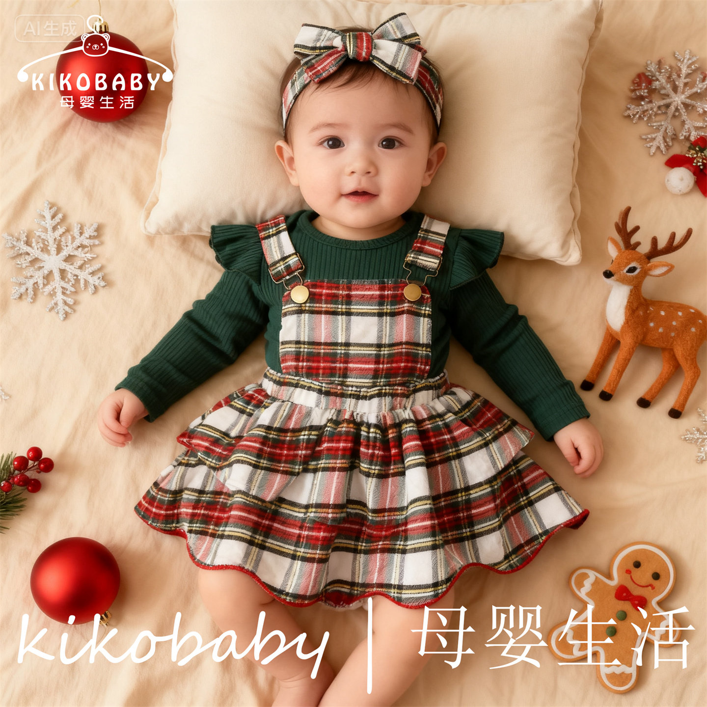 Baby Christmas女宝宝圣诞节感恩节连体衣哈衣爬服格纹背带裙ebay